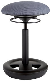 Schwinghocker mit grauem, gepolstertem Sitz und schwarzem Standfuß, seitliche Perspektive