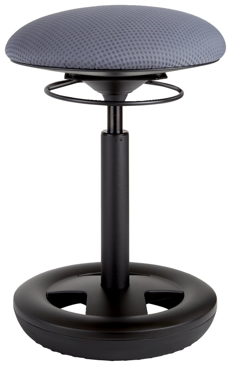 Schwinghocker mit grauem, gepolstertem Sitz und schwarzem Standfuß, seitliche Perspektive