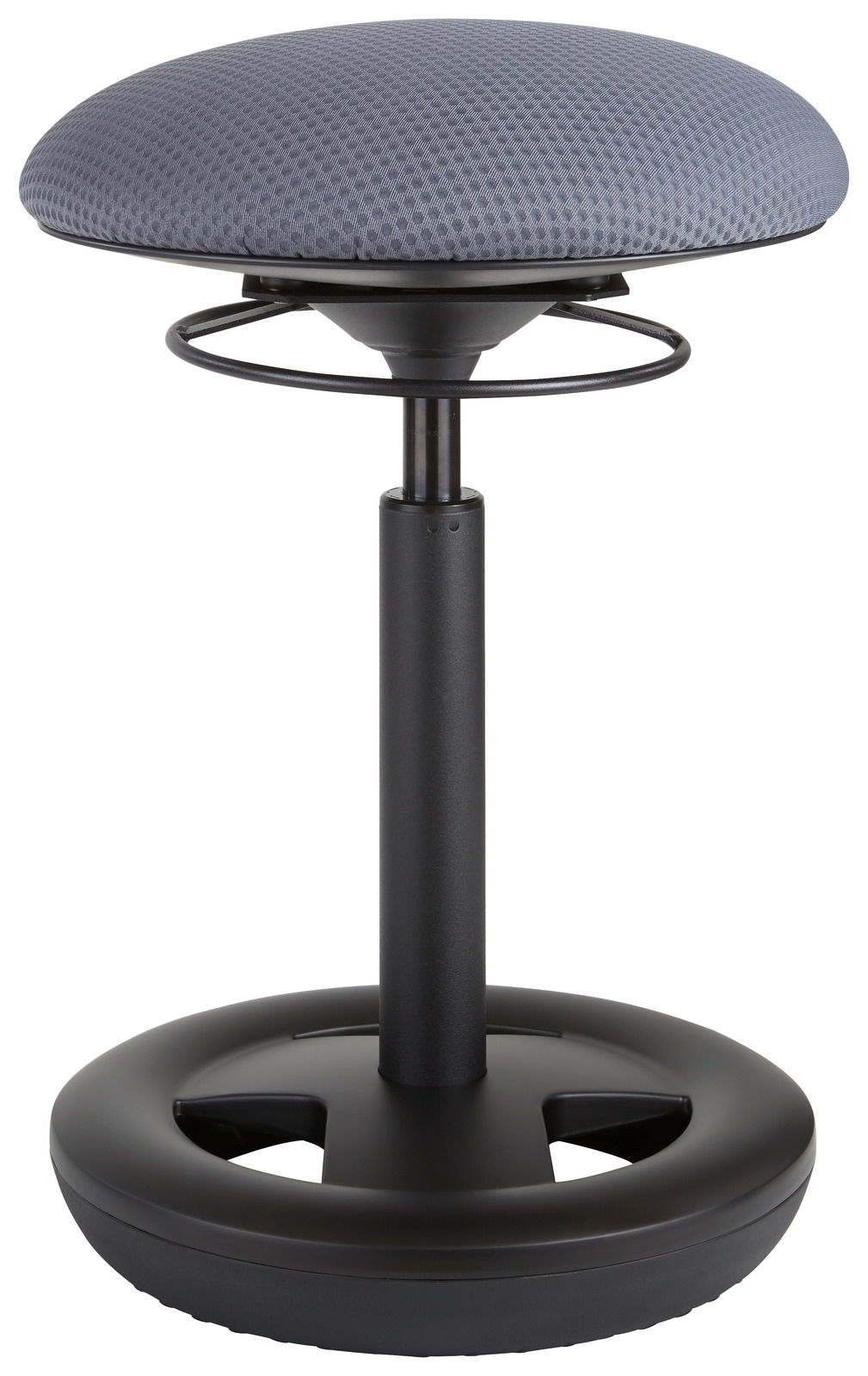 Schwinghocker mit grauem, gepolstertem Sitz und schwarzem Standfuß, seitliche Perspektive