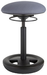 Schwinghocker mit grauem, gepolstertem Sitz und schwarzem Standfuß, seitliche Perspektive