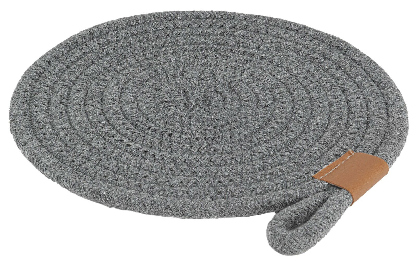 Runder, anthrazitfarbener Topfuntersetzer aus geflochtenem Material mit Lederdetail, seitliche Perspektive