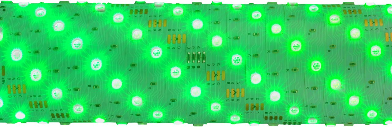 Nahaufnahme eines leuchtenden grünen USB RGB-LED Flexbands aus der Vogelperspektive.