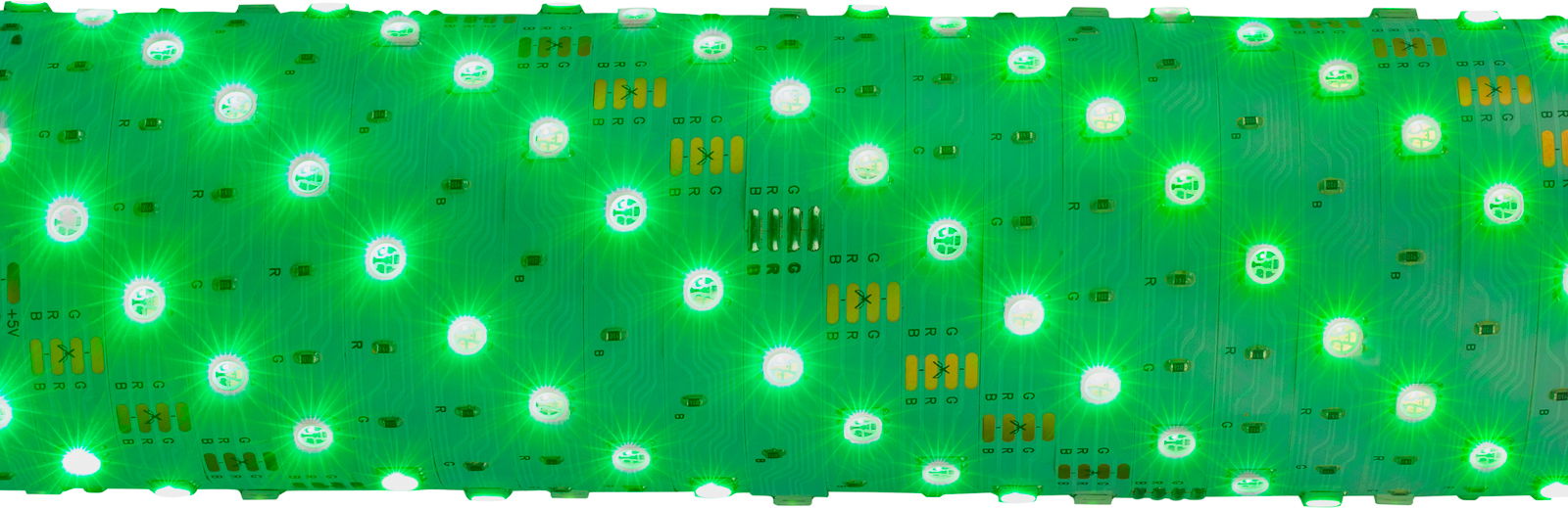 Nahaufnahme eines leuchtenden grünen USB RGB-LED Flexbands aus der Vogelperspektive.