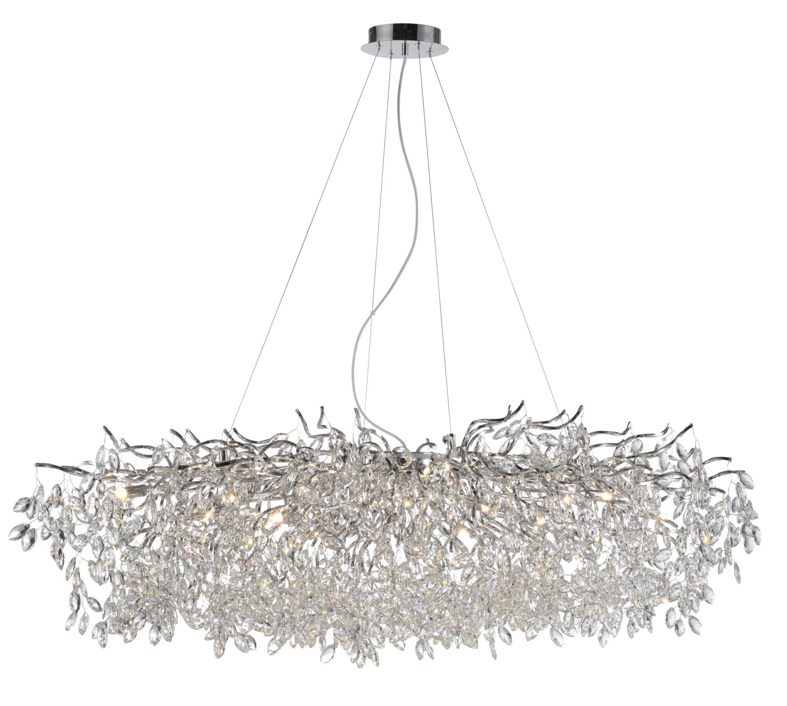 Moderner Kronleuchter RICICLE mit funkelnden Kristallen, seitliche Perspektive.