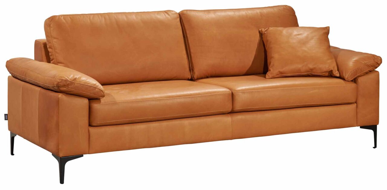 Braunes Ledersofa mit drei Sitzplätzen, frontal fotografiert, mit einem Kissen auf der rechten Seite.