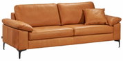 Braunes Ledersofa mit drei Sitzplätzen, frontal fotografiert, mit einem Kissen auf der rechten Seite.
