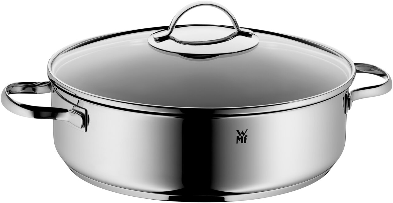 WMF Servierschmorpfanne Silberne Servierschmorpfanne mit Glasdeckel, seitliche Perspektive