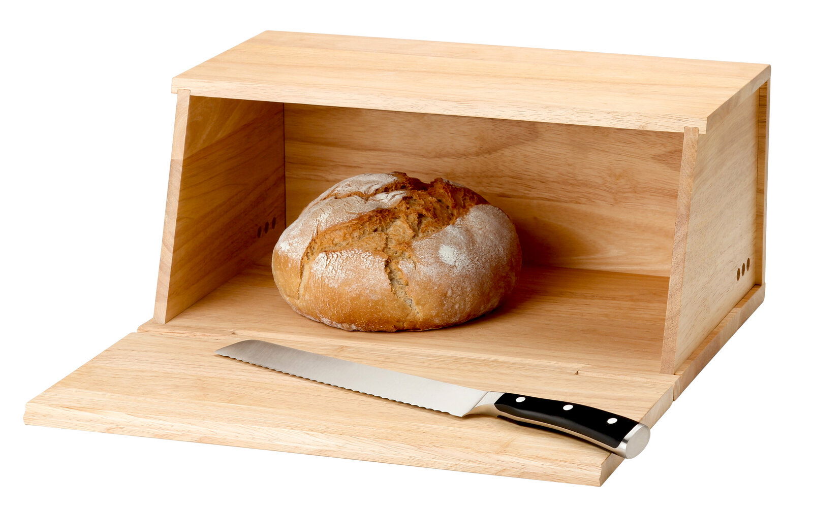 Brotkasten aus Gummibaumholz mit einem Laib Brot und einem Brotmesser, von vorne betrachtet.