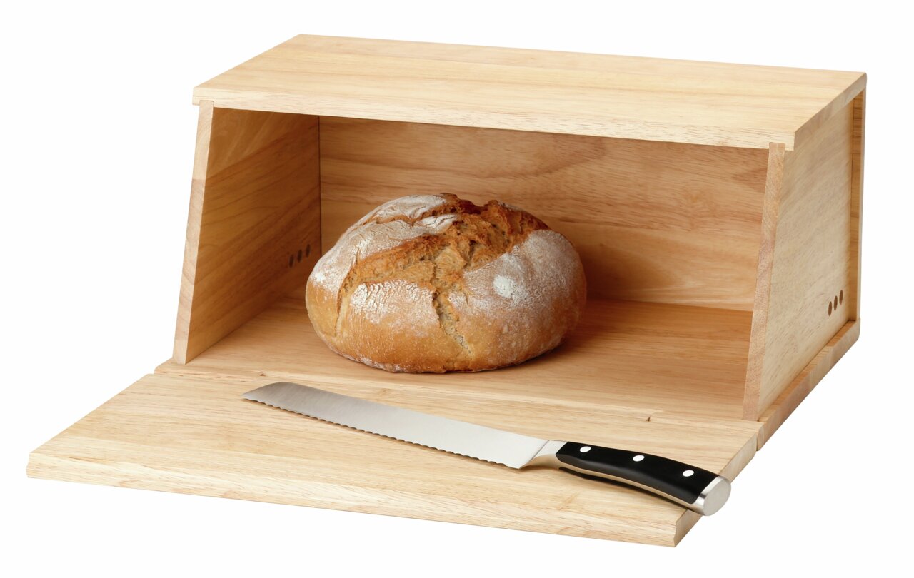 Brotkasten aus Gummibaumholz mit einem Laib Brot und einem Brotmesser, von vorne betrachtet.