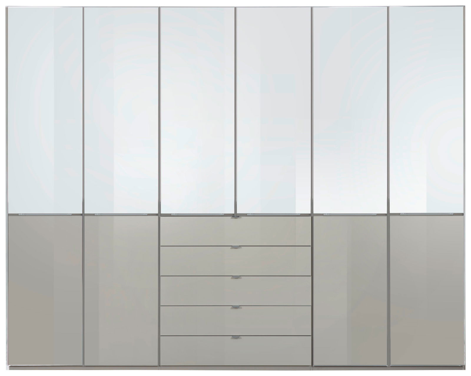 Moderner Funktionsdrehtürenschrank mit mehreren Türen und Schubladen, Frontalansicht