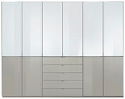 Moderner Funktionsdrehtürenschrank mit mehreren Türen und Schubladen, Frontalansicht