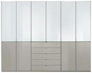 Moderner Funktionsdrehtürenschrank mit mehreren Türen und Schubladen, Frontalansicht