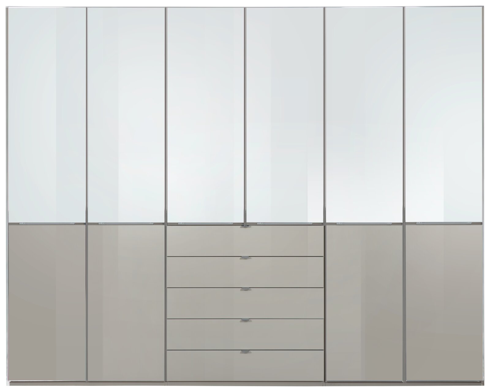 Moderner Funktionsdrehtürenschrank mit mehreren Türen und Schubladen, Frontalansicht