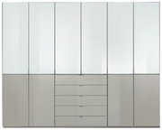 Moderner Funktionsdrehtürenschrank mit mehreren Türen und Schubladen, Frontalansicht