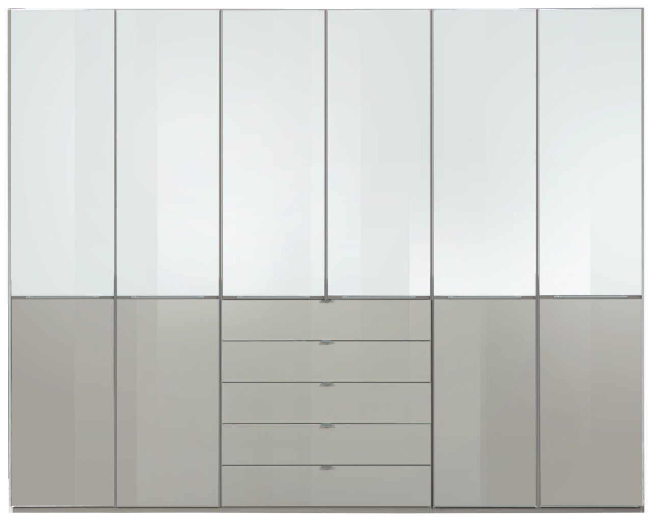 Moderner Funktionsdrehtürenschrank mit mehreren Türen und Schubladen, Frontalansicht