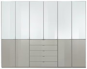 Moderner Funktionsdrehtürenschrank mit mehreren Türen und Schubladen, Frontalansicht