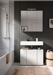 Moderne Badkombination mit Spiegel, Waschbecken und Unterschrank, frontal fotografiert. Links eine Dusche mit Glaswand, rechts ein Hocker.