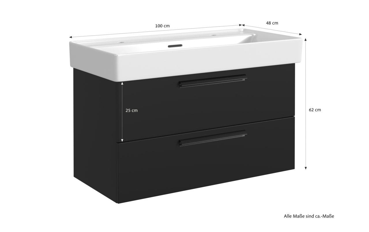 Waschtisch-Set mit zwei Schubladen in schwarzem Design, Ansicht von vorne links, Maße: 100 cm Breite, 48 cm Tiefe, 62 cm Höhe.