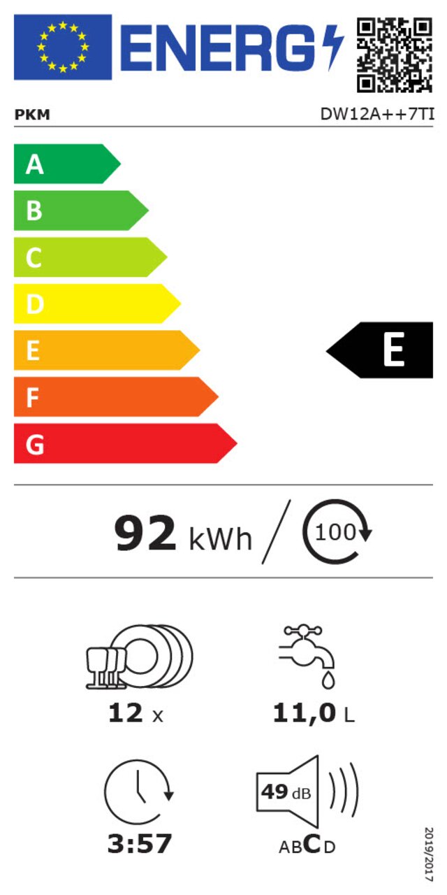 Energieeffizienzlabel für Geschirrspüler mit Energieklasse E, 92 kWh Energieverbrauch pro 100 Zyklen, 12 Maßgedecke, 11,0 Liter Wasserverbrauch, 3 Stunden 57 Minuten Laufzeit, 49 dB Lautstärke. Frontalansicht.