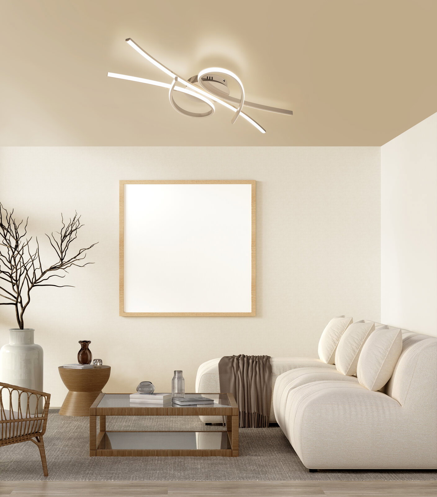 Fischer & Honsel LED-Deckenleuchte BIBA Moderne LED-Deckenleuchte in geschwungenem Design mit mehreren Lichtstäben, warmweiß leuchtend, in einem minimalistischen Wohnzimmer montiert; Perspektive: Blick von unten schräg nach oben zur Decke.