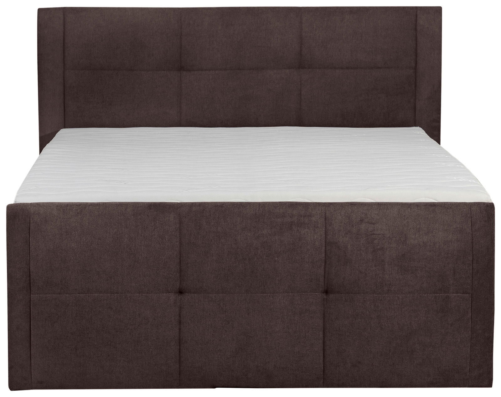 Frontale Ansicht eines Boxspringbetts in Dunkelbraun mit gepolstertem Kopfteil und weißer Matratze.