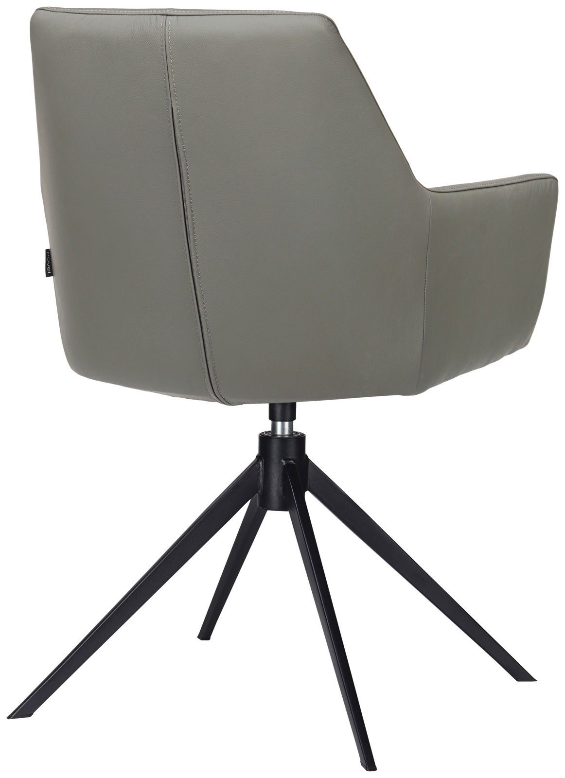 Rückansicht eines modernen Armlehnstuhls mit grauem Bezug und schwarzem Metallgestell auf vier Beinen.