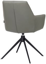 Rückansicht eines modernen Armlehnstuhls mit grauem Bezug und schwarzem Metallgestell auf vier Beinen.