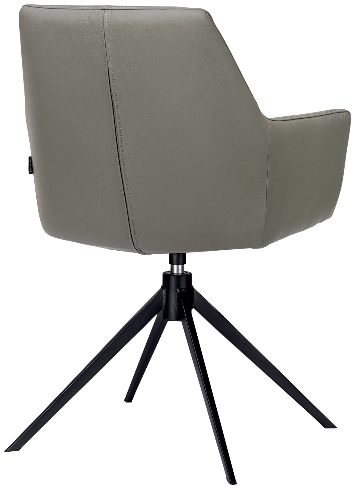 Rückansicht eines modernen Armlehnstuhls mit grauem Bezug und schwarzem Metallgestell auf vier Beinen.