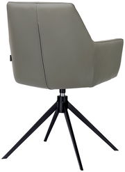 Rückansicht eines modernen Armlehnstuhls mit grauem Bezug und schwarzem Metallgestell auf vier Beinen.