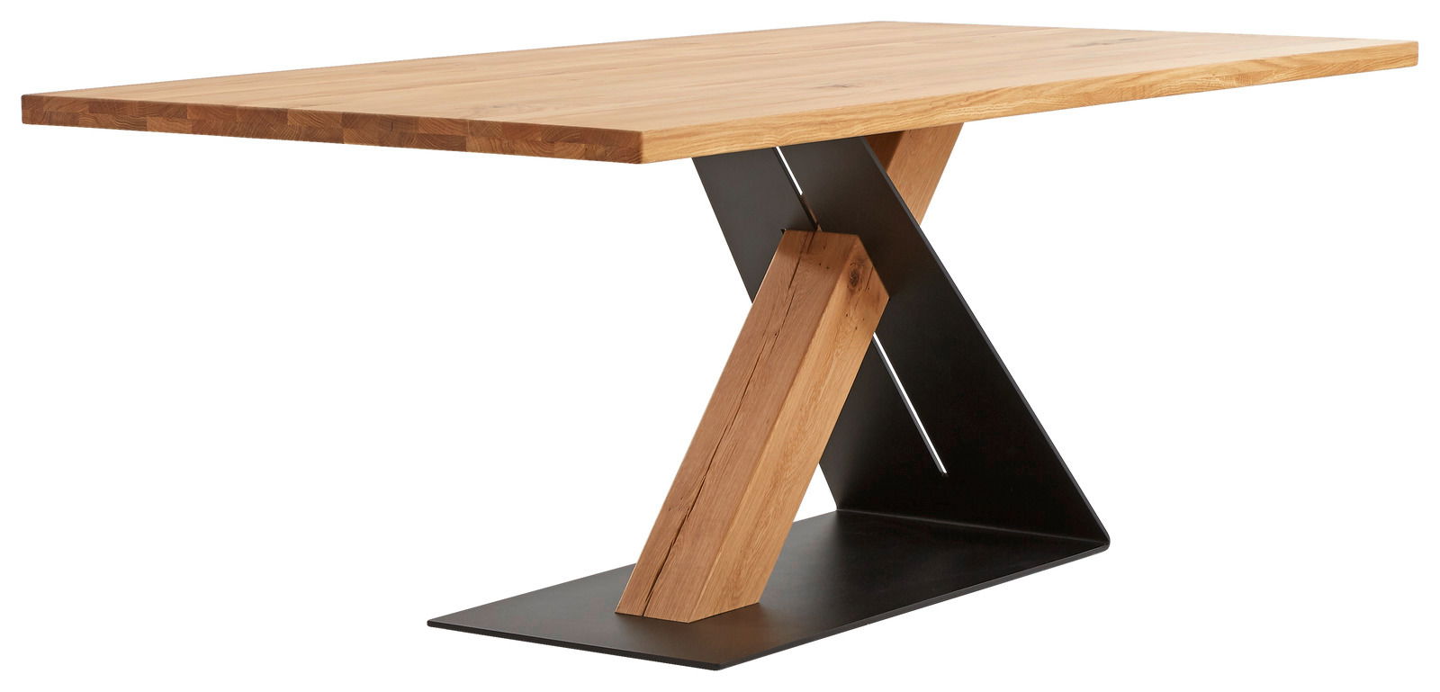 Moderner Esstisch aus Holz mit einzigartigem X-förmigem Metallgestell, seitliche Perspektive