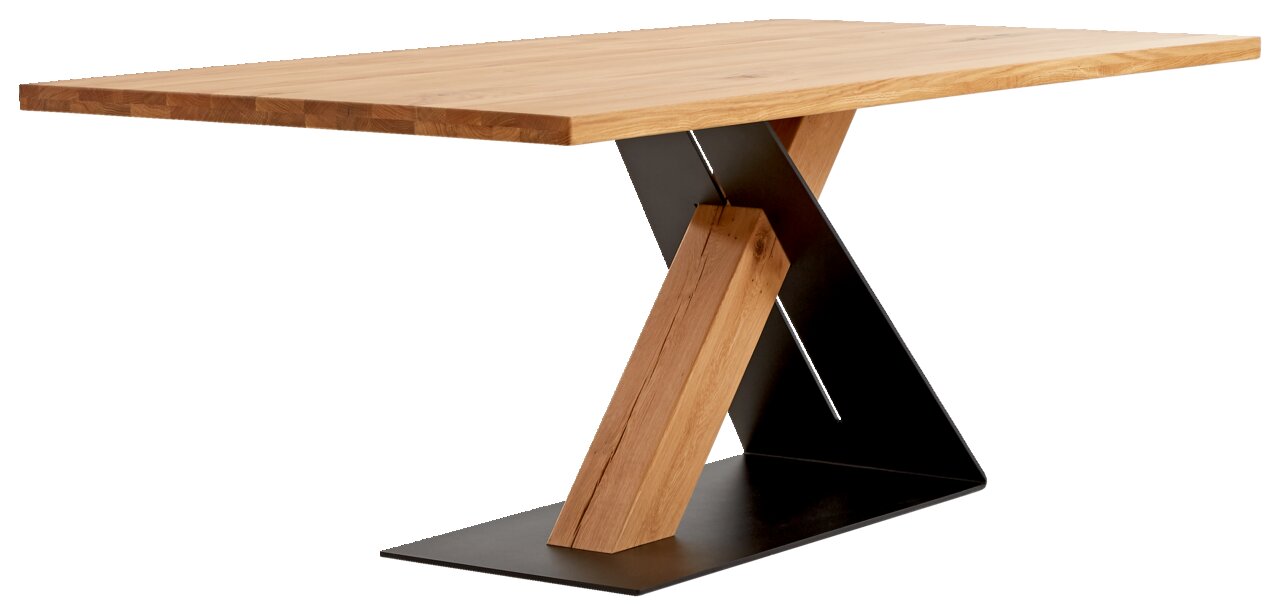 Moderner Esstisch aus Holz mit einzigartigem X-förmigem Metallgestell, seitliche Perspektive