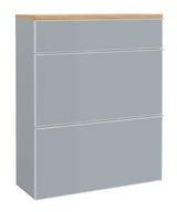 Moderner Hängeschuhschrank in Grau mit drei Klappen und einer Holzoberfläche, seitliche Perspektive