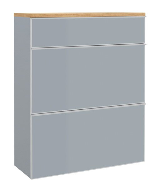 VOSS Hängeschuhschrank VORTINA Moderner Hängeschuhschrank in Grau mit drei Klappen und einer Holzoberfläche, seitliche Perspektive
