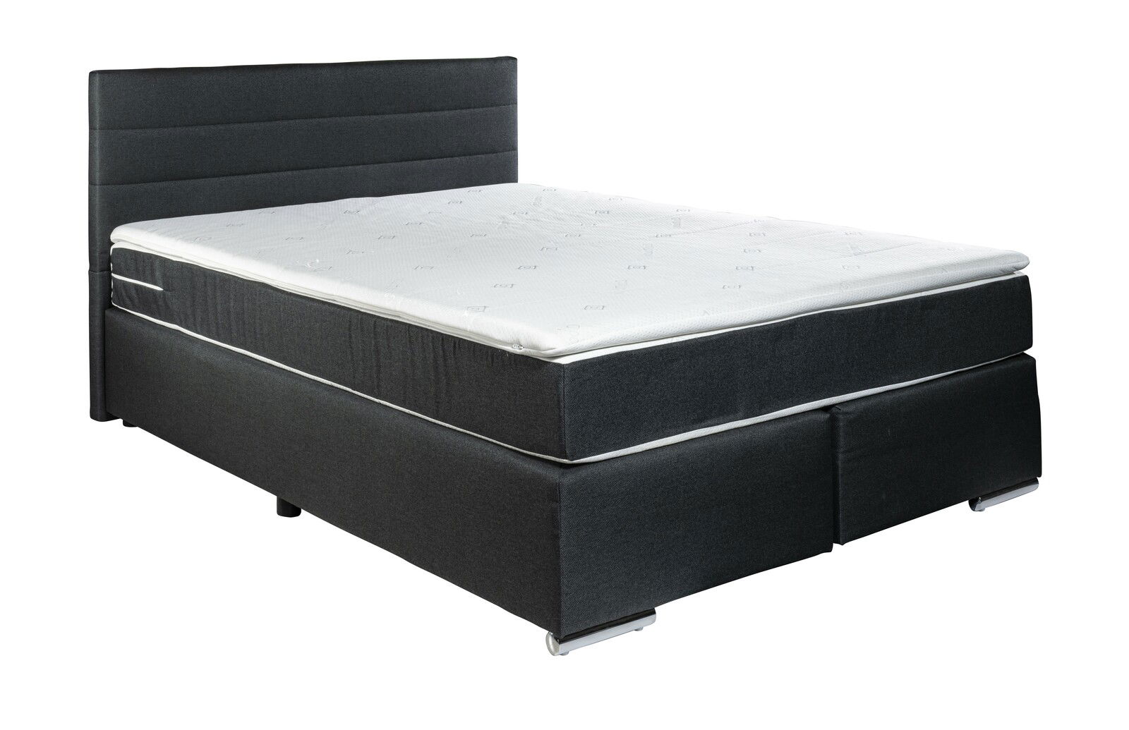 Boxspringbett in dunklem Stoffbezug mit weißer Matratze, seitliche Perspektive
