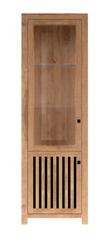Holzvitrine mit Glastüren, frontal fotografiert