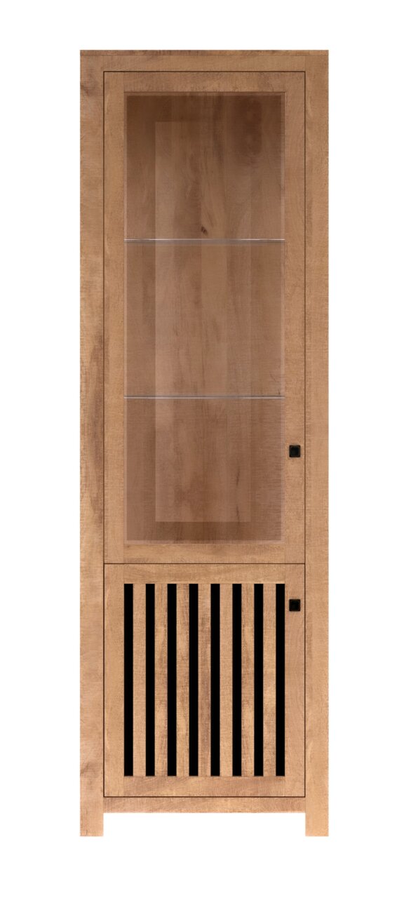 Holzvitrine mit Glastüren, frontal fotografiert