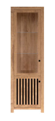 Holzvitrine mit Glastüren, frontal fotografiert