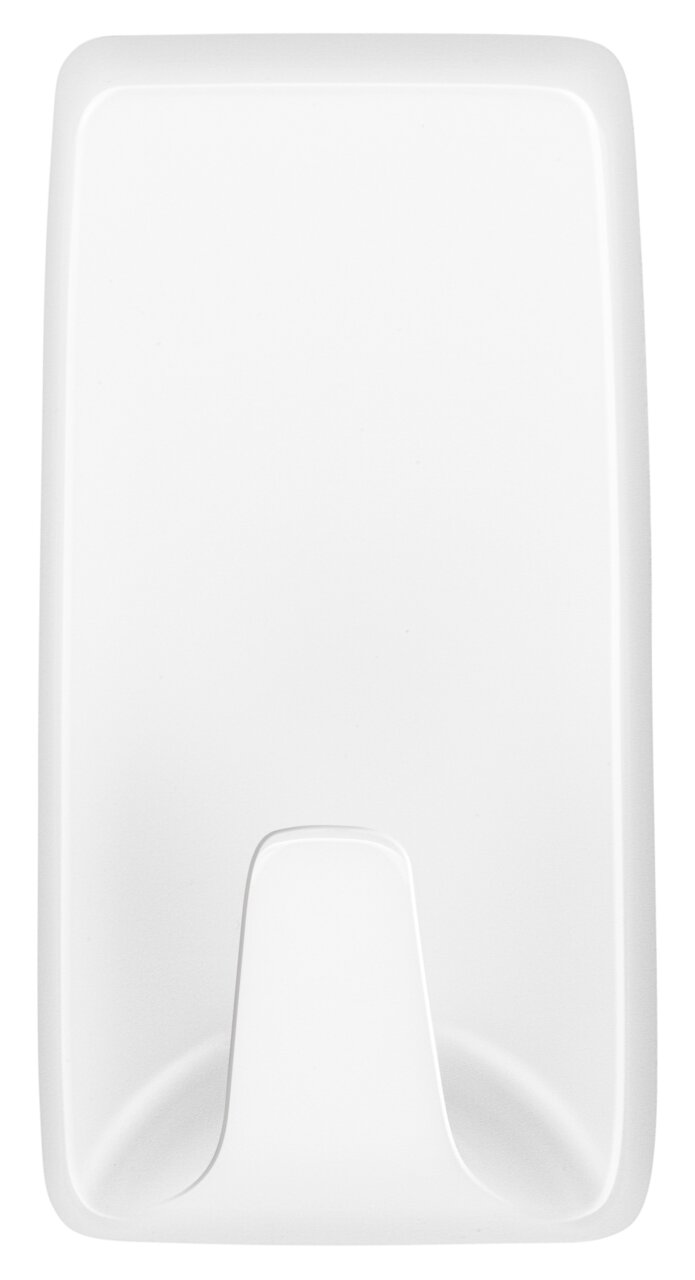 Witte wandhaak van kunststof, afgebeeld van voren, geschikt voor tesa Powerstrips.