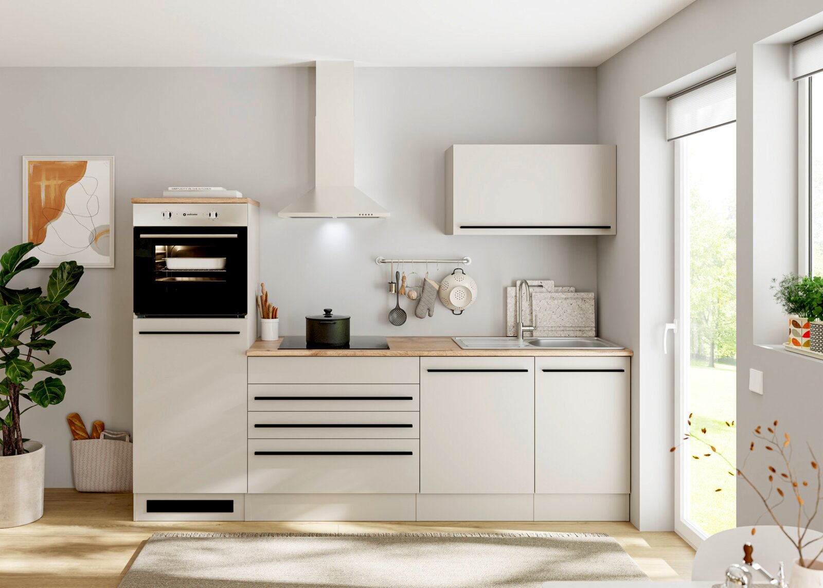 Frontaal aanzicht van een moderne, compacte keuken in mat wit met houtkleurig werkblad, zwarte handgrepen, inbouwoven, kookplaat, afzuigkap en spoelbak.