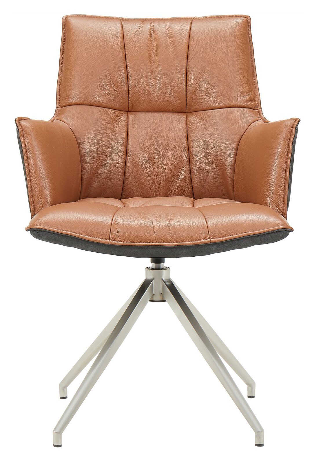 Moderner brauner Ledersessel mit Metallgestell, Frontalansicht