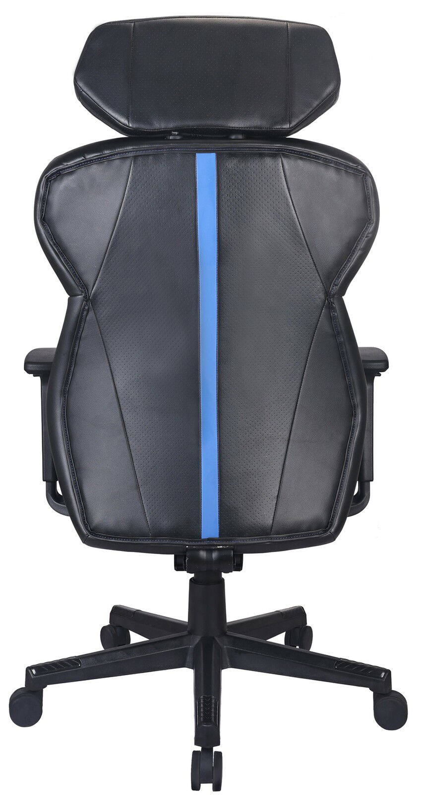 Rückansicht eines schwarzen Gaming-Stuhls mit blauer Zierleiste und Kopfstütze
