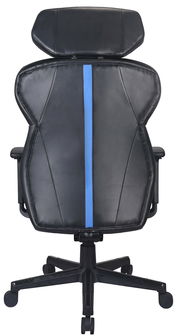 Rückansicht eines schwarzen Gaming-Stuhls mit blauer Zierleiste und Kopfstütze