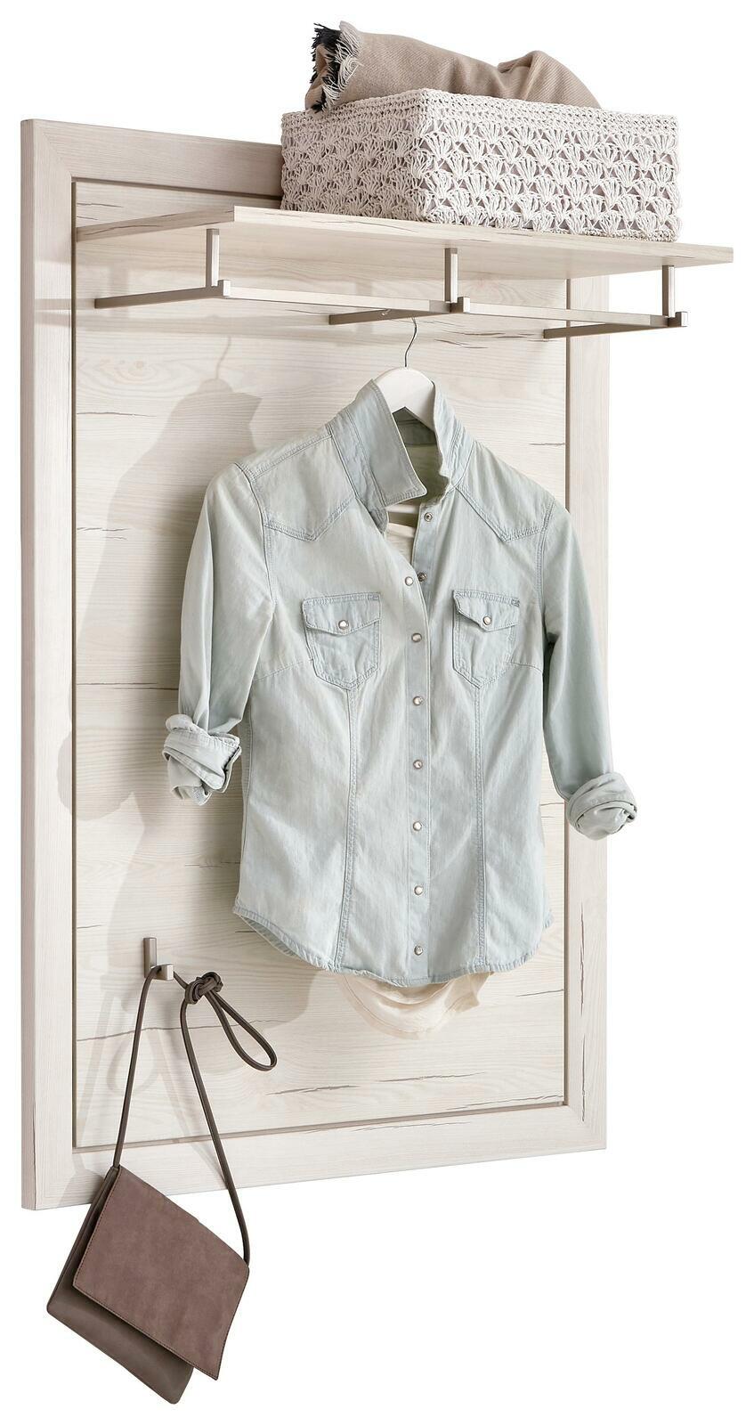 Hom´in Garderobenpaneel CAMRON Garderobenpaneel aus der Serie Camron/Benton mit einer hellen Holzoptik, einem Regalbrett oben, einem Haken für Kleidung und einem Haken für Taschen. Perspektive: Frontalansicht.