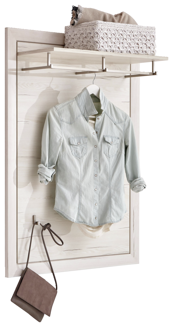 Hom´in Garderobenpaneel CAMRON Garderobenpaneel aus der Serie Camron/Benton mit einer hellen Holzoptik, einem Regalbrett oben, einem Haken für Kleidung und einem Haken für Taschen. Perspektive: Frontalansicht.
