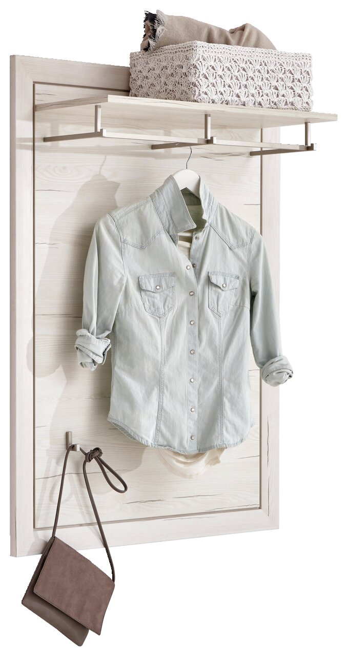 Hom´in Garderobenpaneel CAMRON Garderobenpaneel aus der Serie Camron/Benton mit einer hellen Holzoptik, einem Regalbrett oben, einem Haken für Kleidung und einem Haken für Taschen. Perspektive: Frontalansicht.