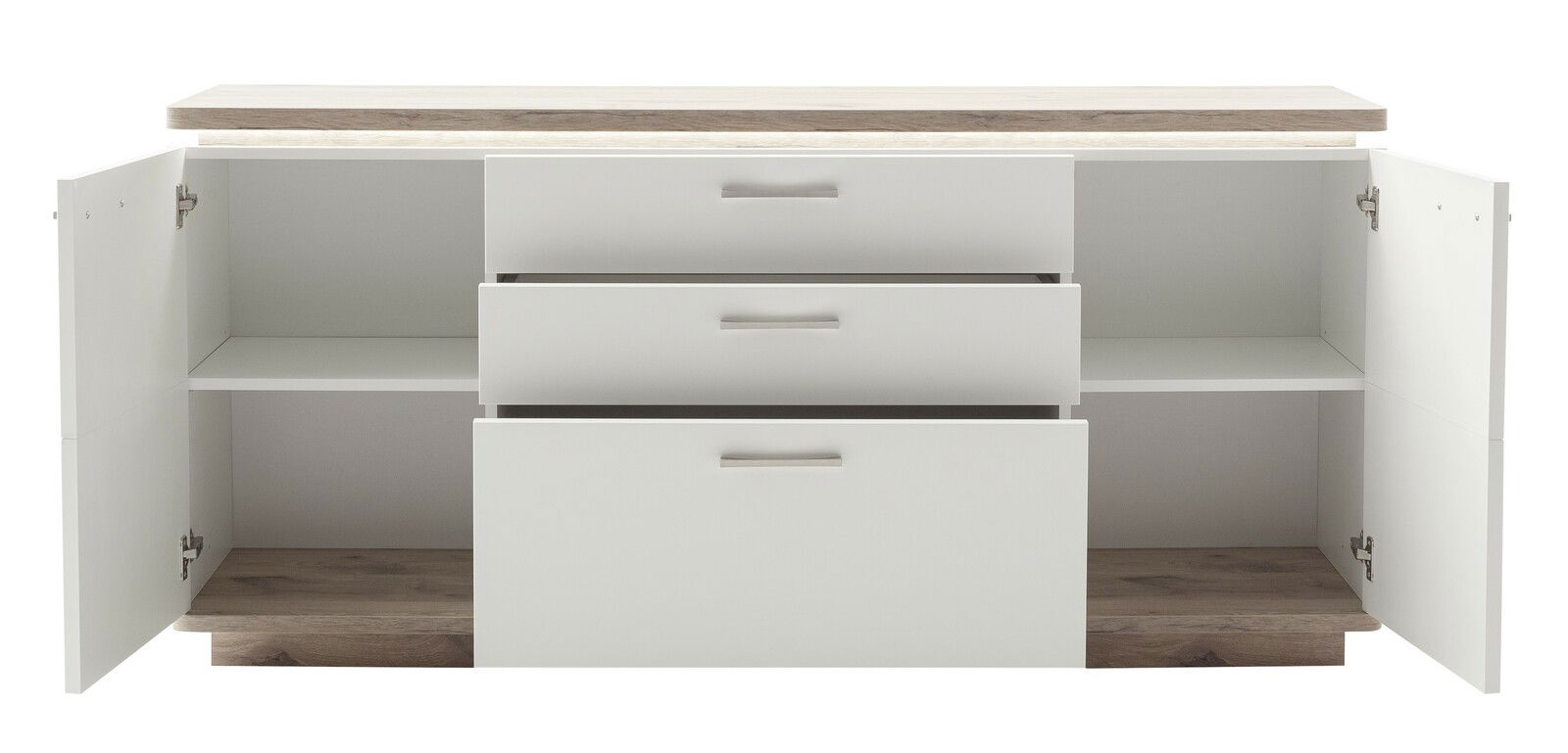 Weißes Sideboard mit zwei offenen Türen und drei Schubladen, frontal betrachtet.