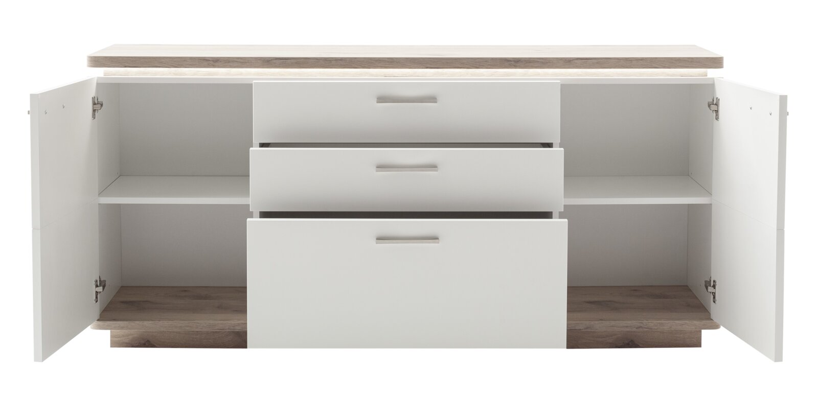Weißes Sideboard mit zwei offenen Türen und drei Schubladen, frontal betrachtet.