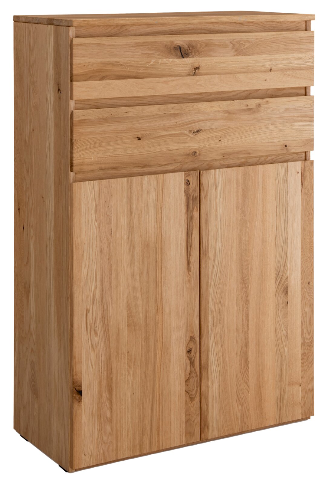 Hochwertiges Highboard aus Holz mit zwei Schubladen und zwei Türen, frontale Perspektive