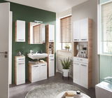 Moderner Waschbeckenunterschrank in einem stilvollen Badezimmer, frontal betrachtet, mit weißer und holzfarbener Oberfläche.