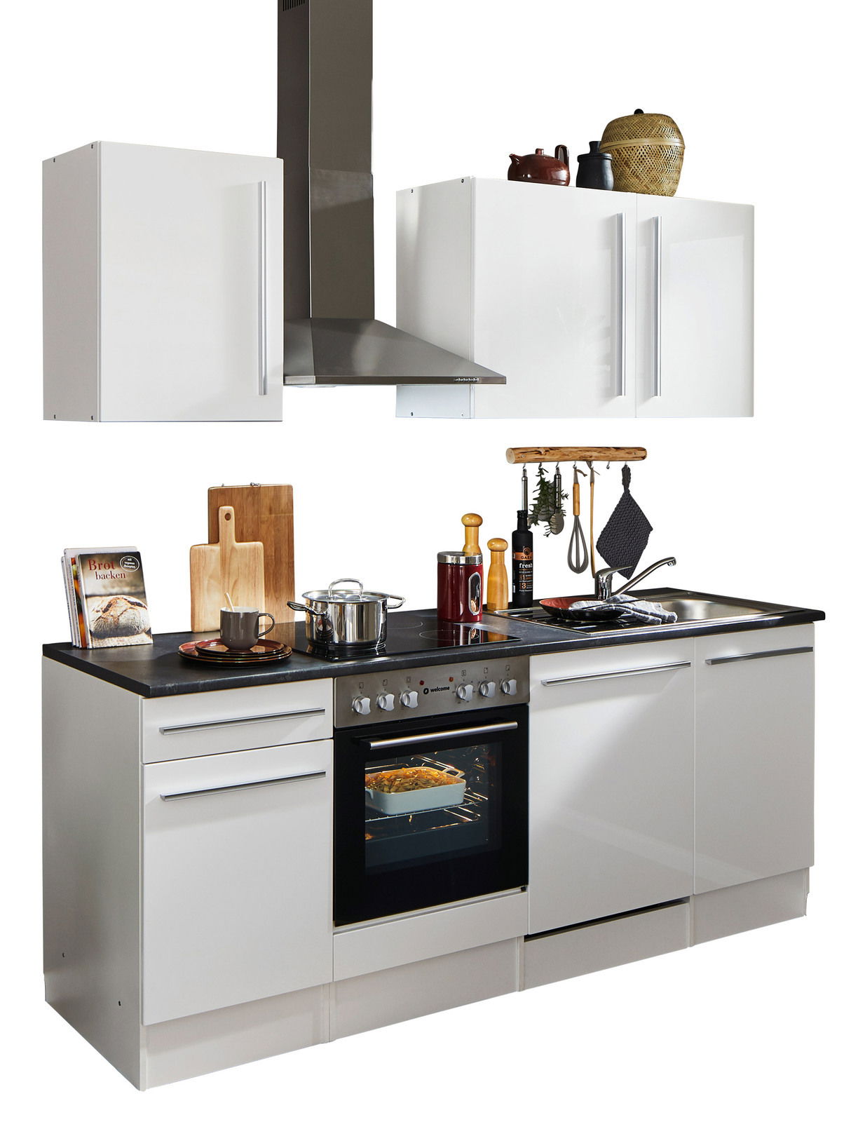 Yourkitchen Küchenblock 220 JAZZ Moderner Küchenblock in Weiß mit Herd, Ofen und Dunstabzugshaube, seitliche Perspektive.